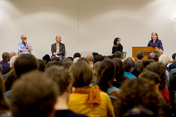 A Harvard University Law School discussion titled: Transforming Our Food System included panelists, Mark Bittman, (from left) Union of Concerned Scientists Fellow; Ricardo Salvador, Union of Concerned Scientists Food and Environment Program Director; Emily Broad Leib, Director of the Food Law and Policy Clinic of Harvard Law School and Kat Taylor, Co-CEO Beneficial State Bank Rose Lincoln/Harvard Staff Photographer