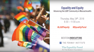 Poster for event: "Equality and Equity: Advancing the LGBT Community in Massachusetts". Poster has images of rainbow colored flags.