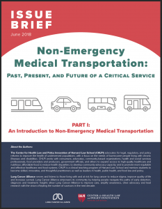 Cover page of issue brief: "Non-Emergency Medical Transportation". Page has illustrations of a train, car, bus, and van.