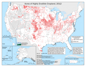 U.S. map that highlights acres of highly erodible cropland