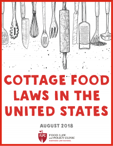 Cover page of "Cottage Food Laws in the United States". Page at illustrations of utensils.