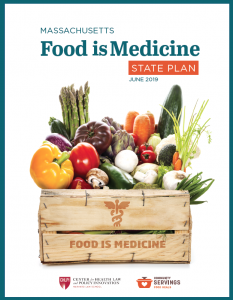 Cover page for "Massachusetts Food is Medicine State Plan" Page has a box of vegetables.