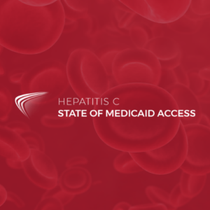 Red blood cells in background with "Hepatitis C: State of Medicaid Access" logo