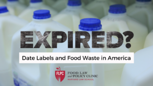 Milk jugs lined up with the title "Expired: Date Labels and Food Waste in America" on top