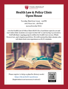 oster for Health Law & Policy Clinic Open House, description and image of open health text book