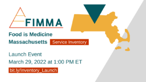 FIMMA logo and event title with outline of Massachusetts state and triangle pointing down on a location.