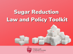 Pink background with sugar cubes stacked up and title of report, Sugar Reduction Law and Policy Toolkit