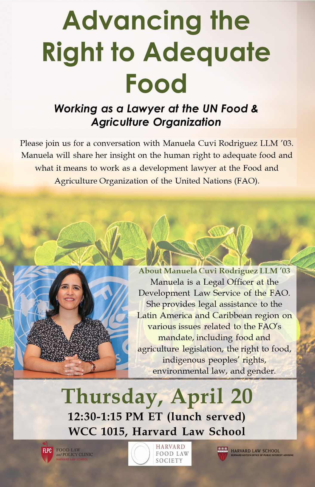 Description of event with picture of Manuela Cuvi Rodriguez, along with a background image of farm crops