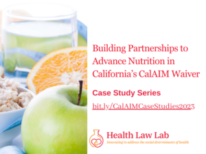 Apple, orange and water (healthy food) with title of report and Health Law Lab logo