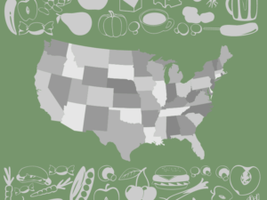 Outline of US states in different shades of gray with a border of food in shades of gray on a green background.
